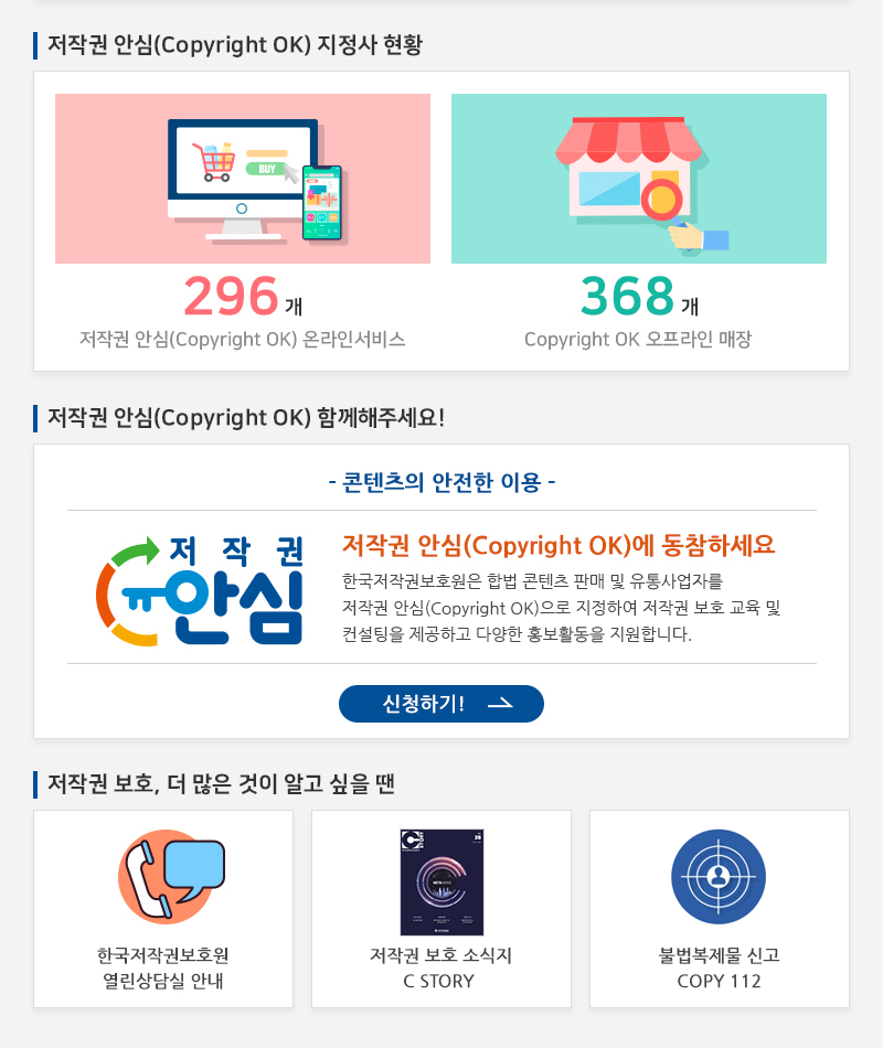  저작권 안심(Copyright OK) 지정사 현황
				296개 저작권 안심(Copyright OK) 온라인서비스
				368 개 Copyright OK 오프라인 매장
				저작권 안심(Copyright OK) 함께해주세요!
				- 콘텐츠의 안전한 이용 -
				저작권 안심(Copyright OK)에 동참하세요 한국저작권보호원은 합법 콘텐츠 판매 및 유통사업자를 저작권 안심(Copyright OK)으로 지정하여 저작권 보호 교육 및 컨설팅을 제공하고 다양한 홍보활동을 지원합니다.
				신청하기!
				저작권 보호, 더 많은 것이 알고 싶을 땐
				한국저작권보호원 열린상담실 안내
				저작권 보호 소식지 C STORY
				불법복제물 신고 COPY 112