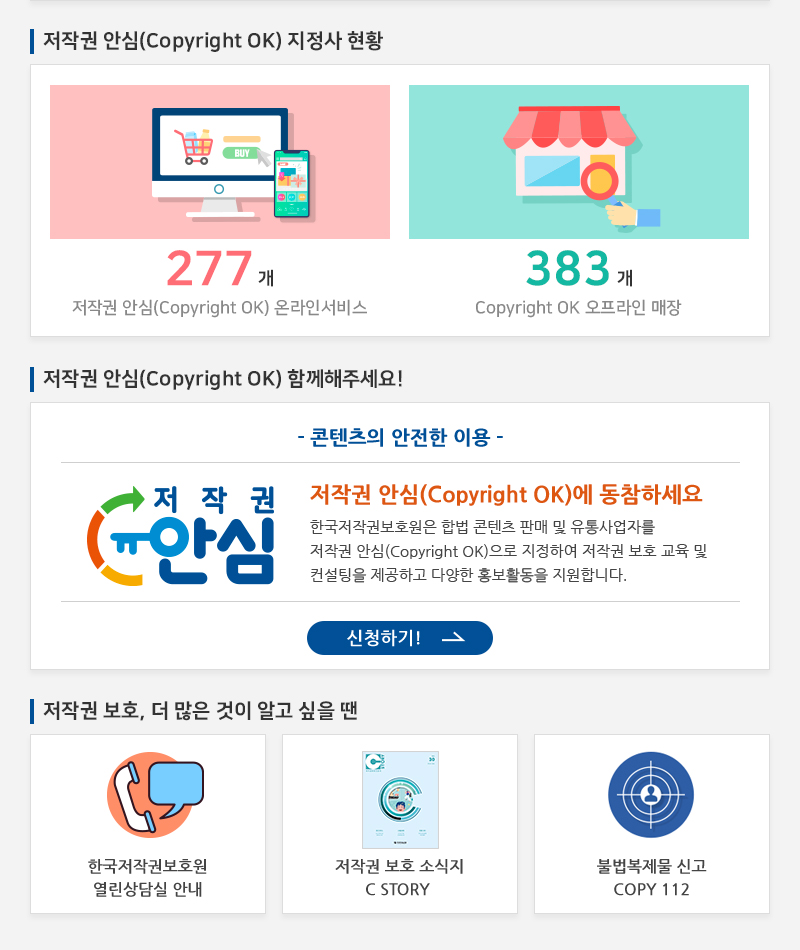  저작권 안심(Copyright OK) 지정사 현황
				277개 저작권 안심(Copyright OK) 온라인서비스
				383개 Copyright OK 오프라인 매장
				저작권 안심(Copyright OK) 함께해주세요!
				- 콘텐츠의 안전한 이용 -
				저작권 안심(Copyright OK)에 동참하세요 한국저작권보호원은 합법 콘텐츠 판매 및 유통사업자를 저작권 안심(Copyright OK)으로 지정하여 저작권 보호 교육 및 컨설팅을 제공하고 다양한 홍보활동을 지원합니다.
				신청하기!
				저작권 보호, 더 많은 것이 알고 싶을 땐
				한국저작권보호원 열린상담실 안내
				저작권 보호 소식지 C STORY
				불법복제물 신고 COPY 112